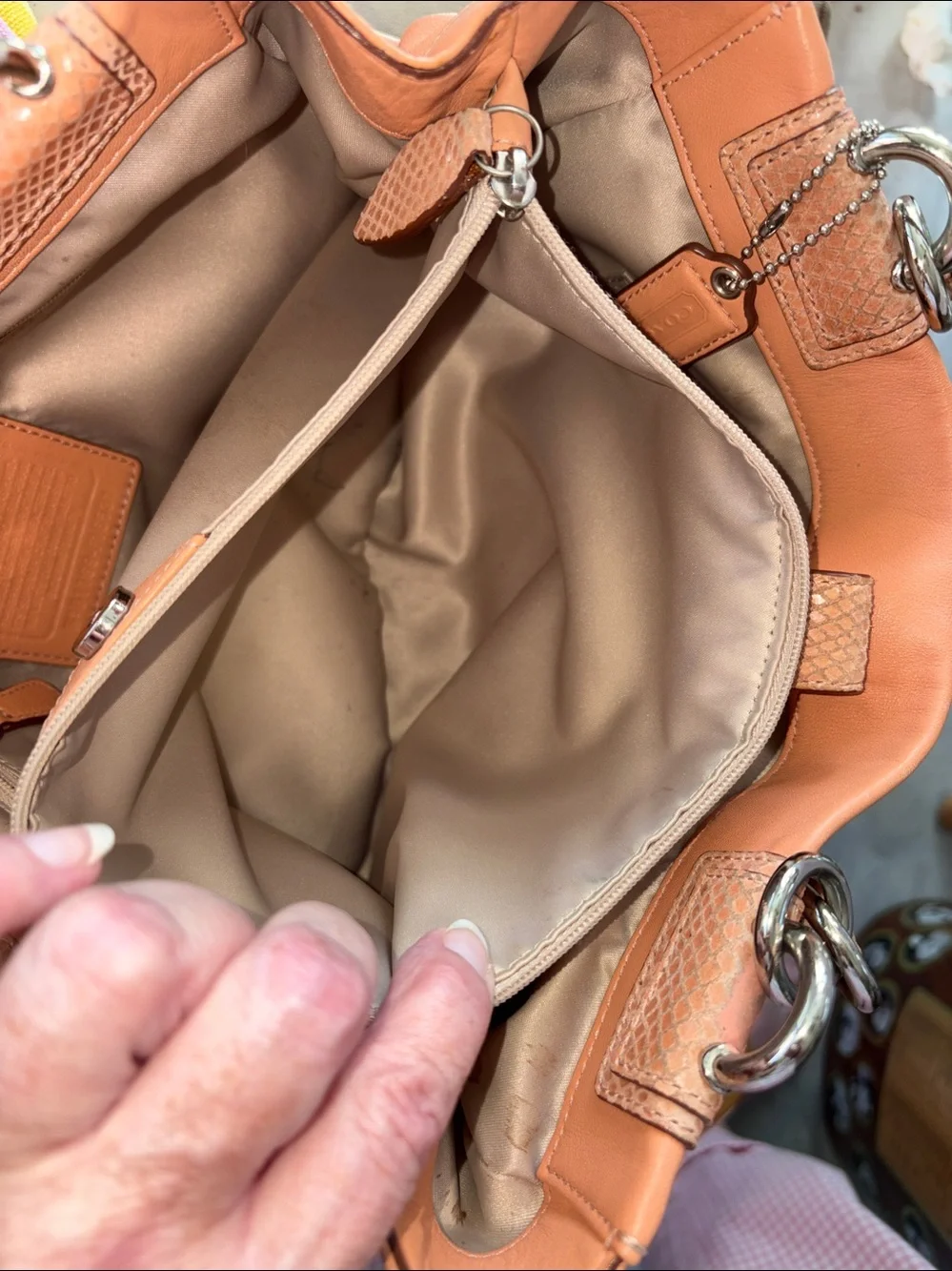 Coach Penelope Shoulder Bag Peach leather/snake skin trim Silvertone F16531 EUC